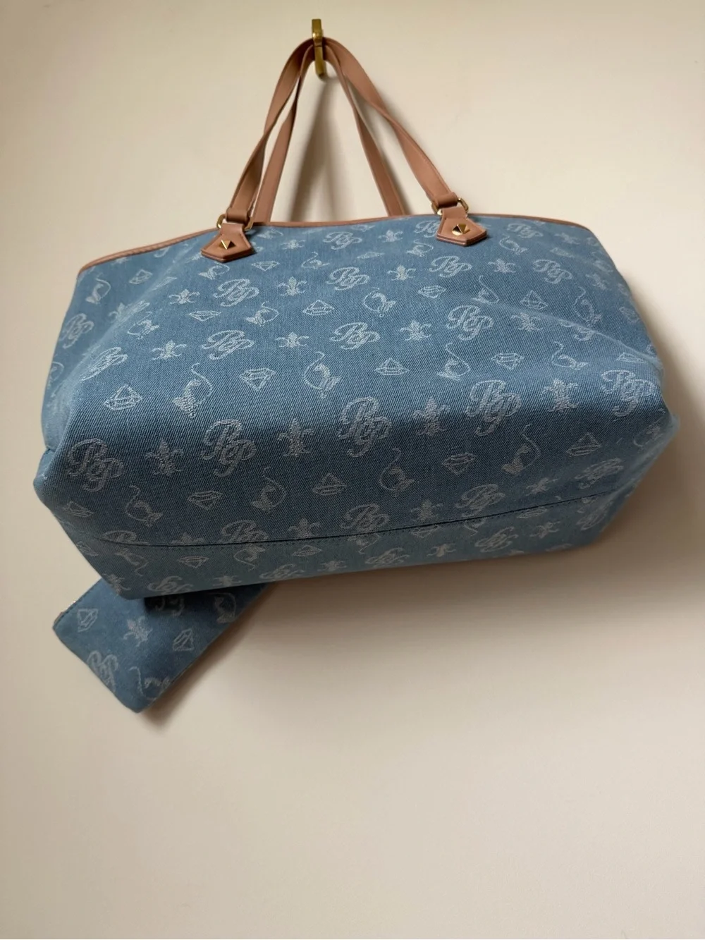 Baby Phat Blue Denim monogram Tote bag with Brown leather Trim and pouch.